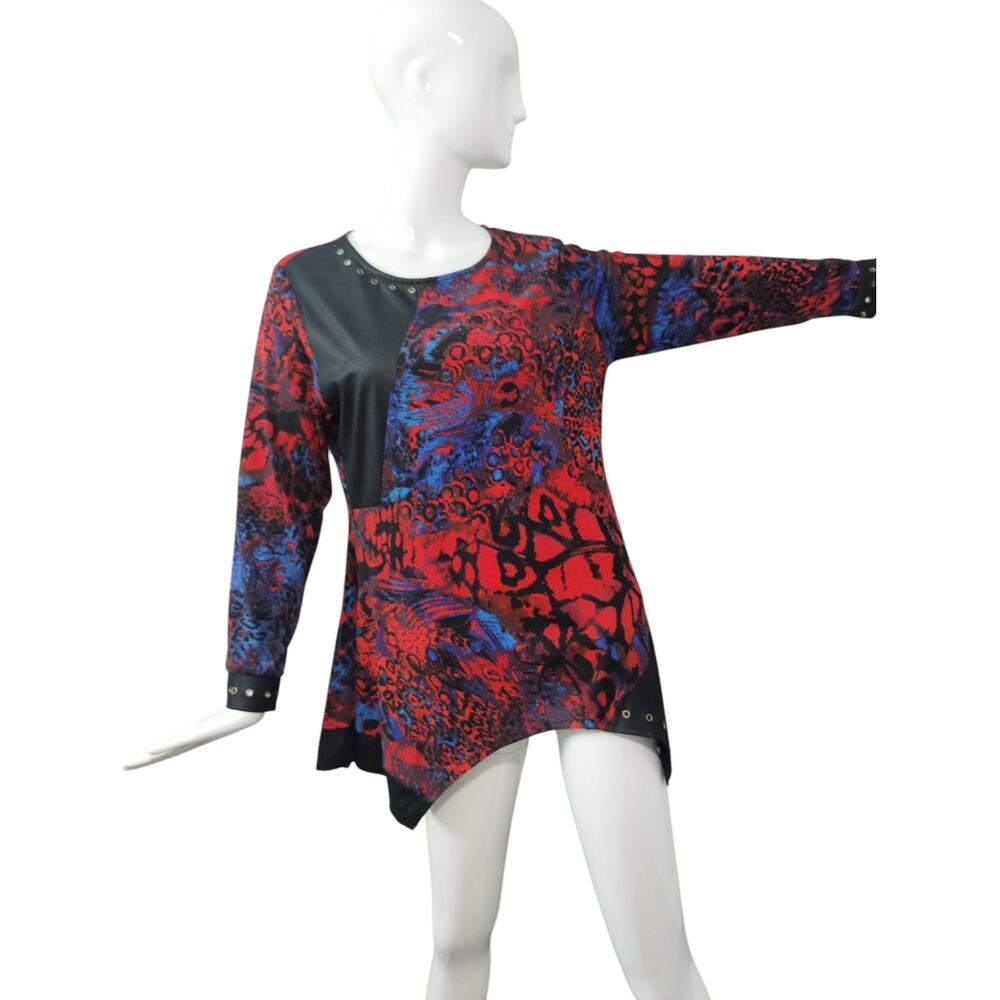 Calessa Womens size L Mixed Media Patchwork Asymmetrical Artsy Grommet Gothy Top